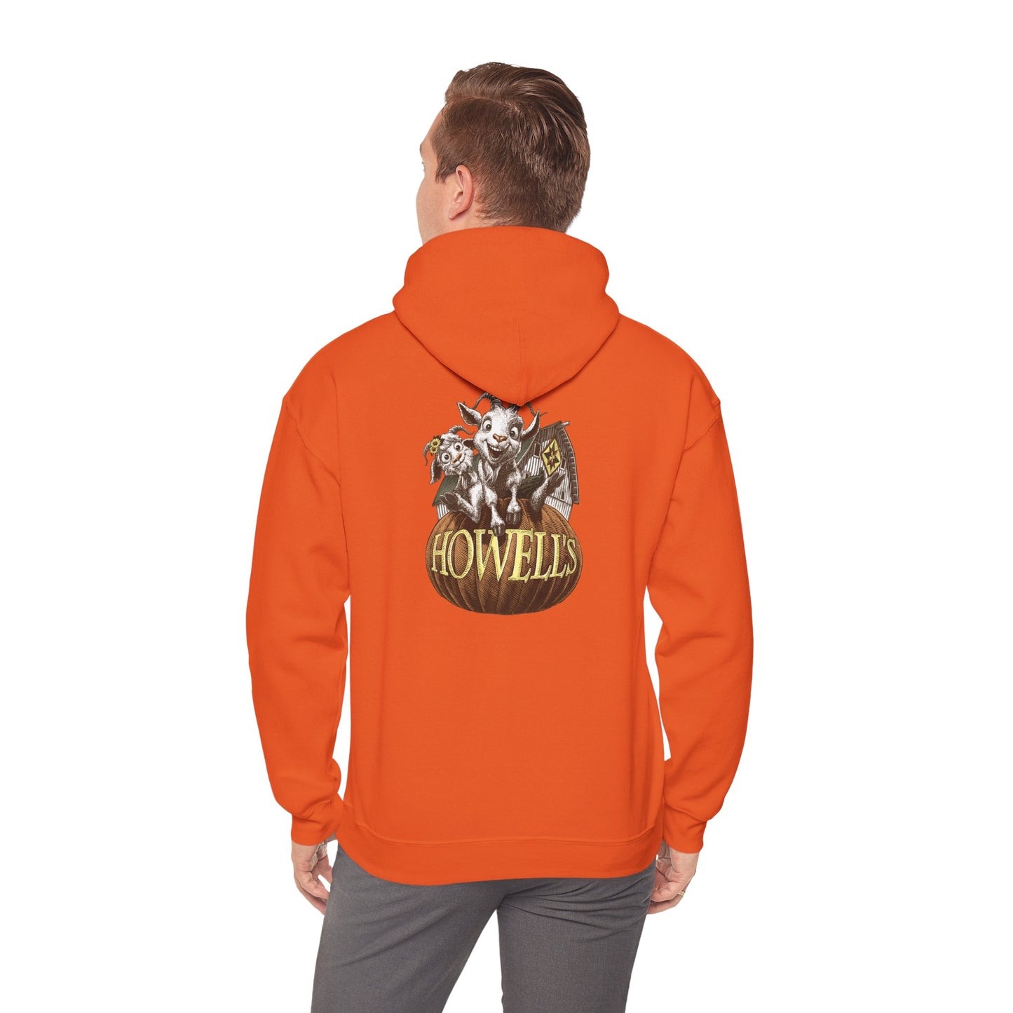 Adult Unisex Hoodie, Gildan Brand Howells Logo on front, Goats on Back