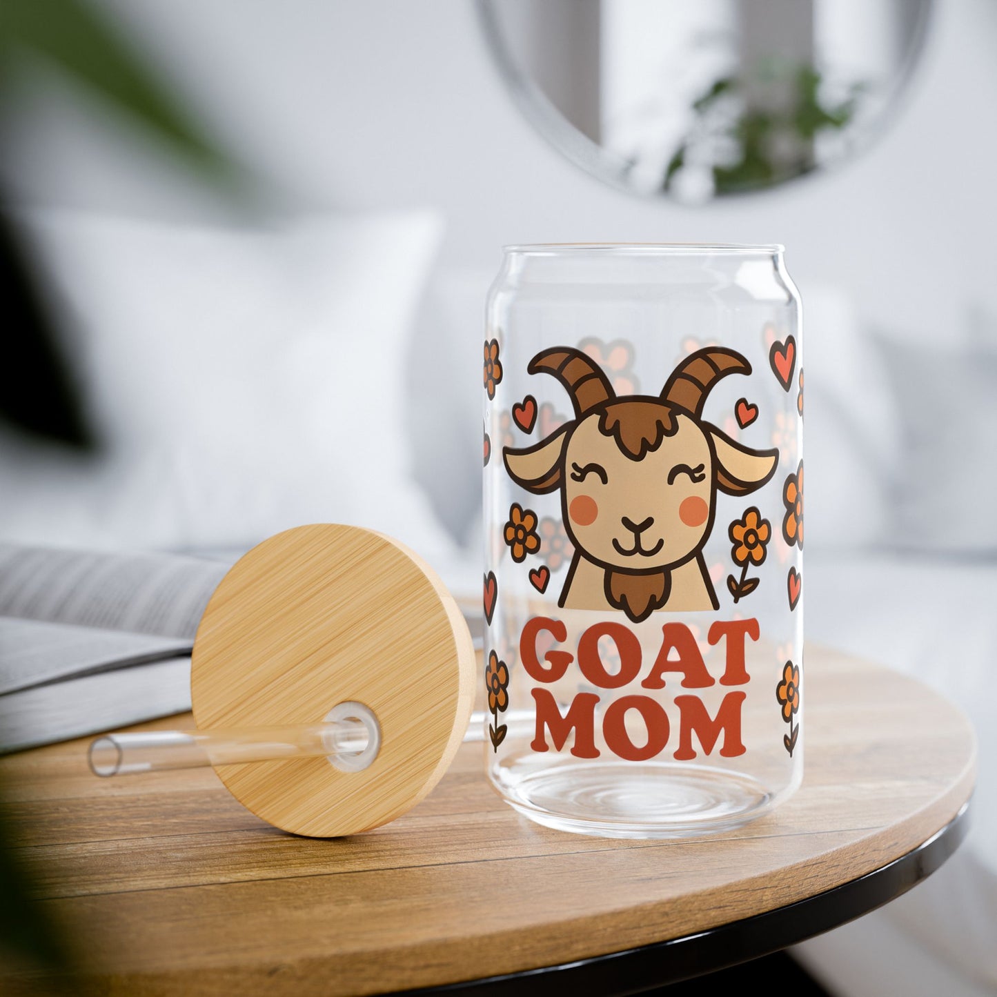 Cute Goat Mom Sipper Glass | 16oz Drinkware, Gifts for Goat Lovers, Mother's Day, Farmhouse Decor, Eco-Friendly Cup, Personalized Cup