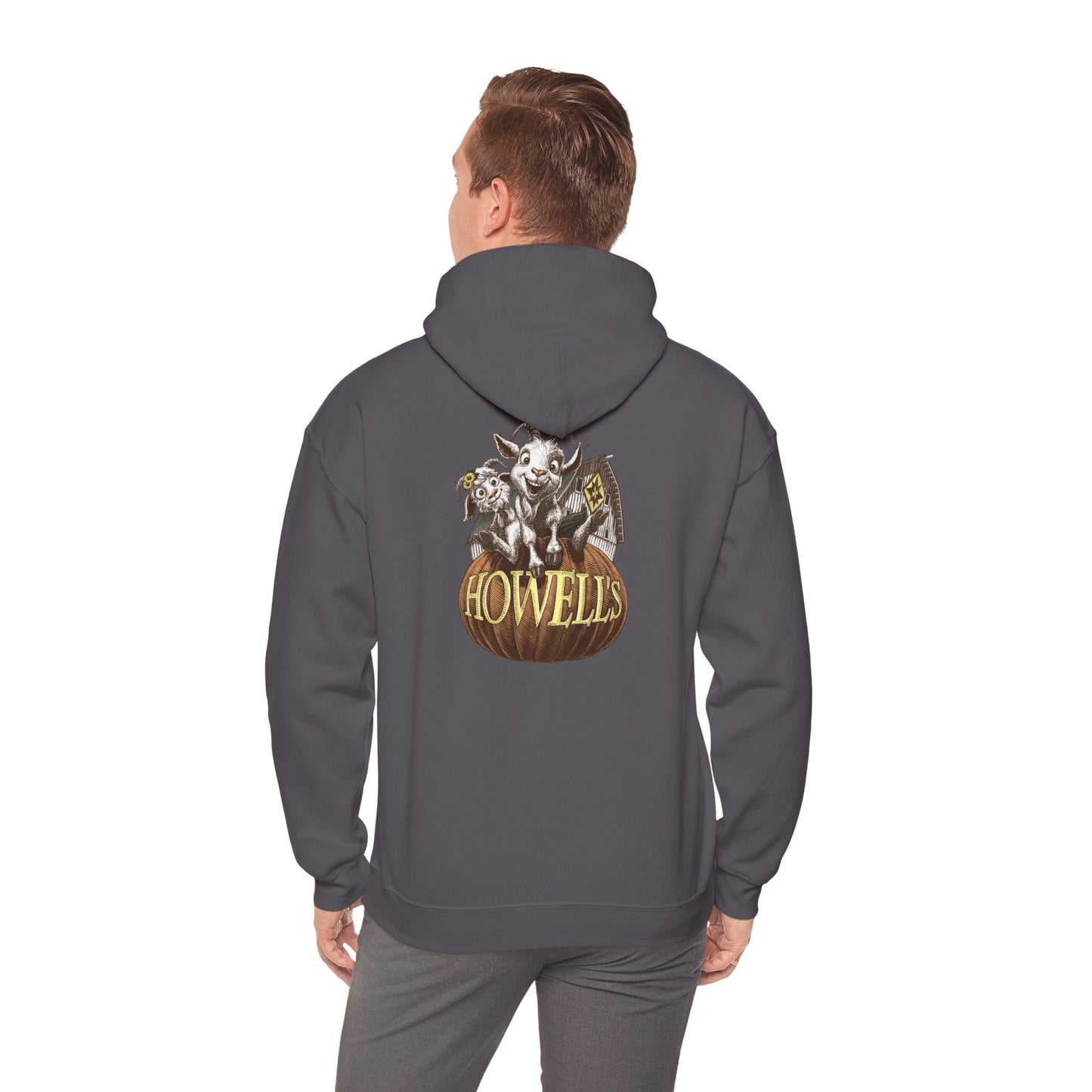 Adult Unisex Hoodie, Gildan Brand Howells Logo on front, Goats on Back