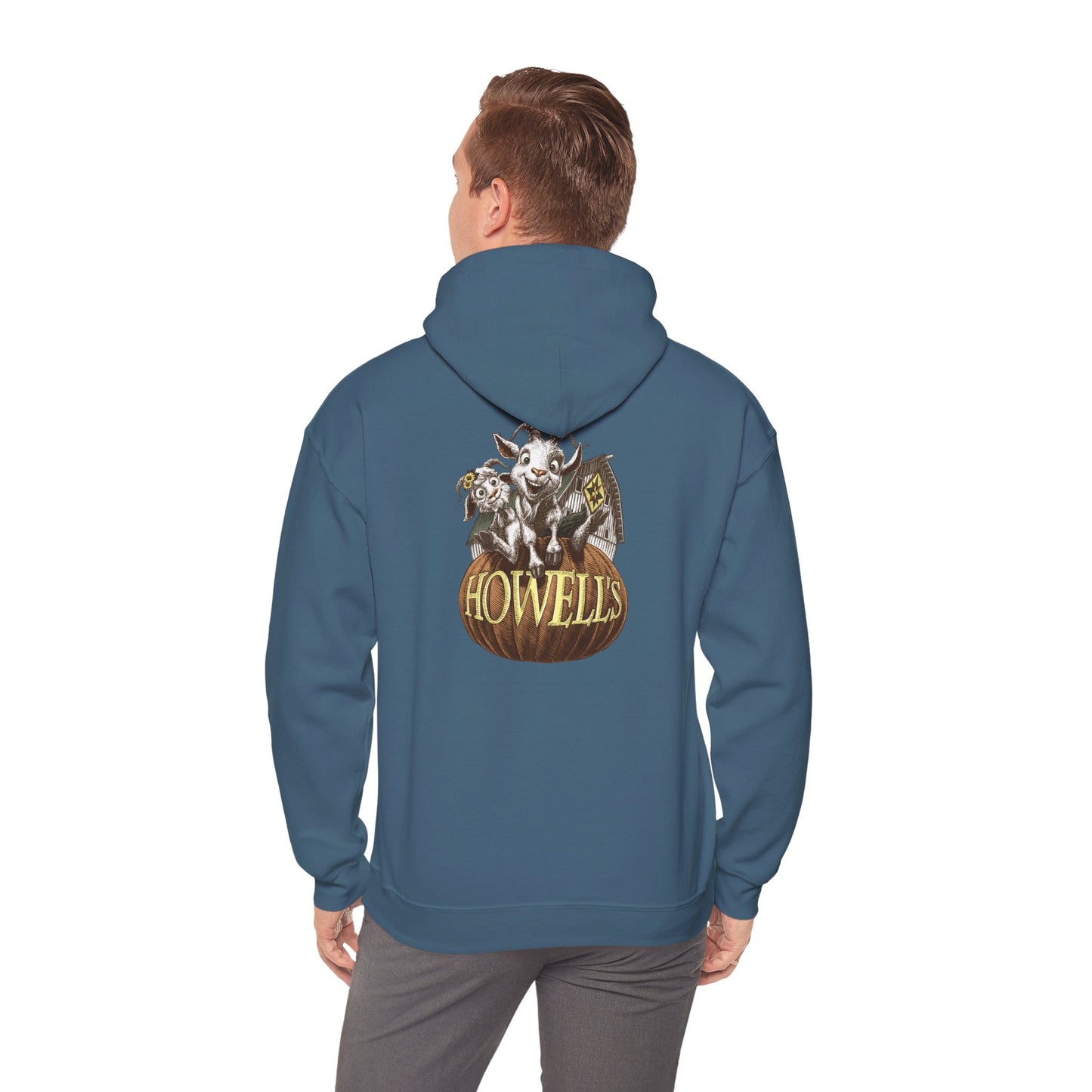 Adult Unisex Hoodie, Gildan Brand Howells Logo on front, Goats on Back