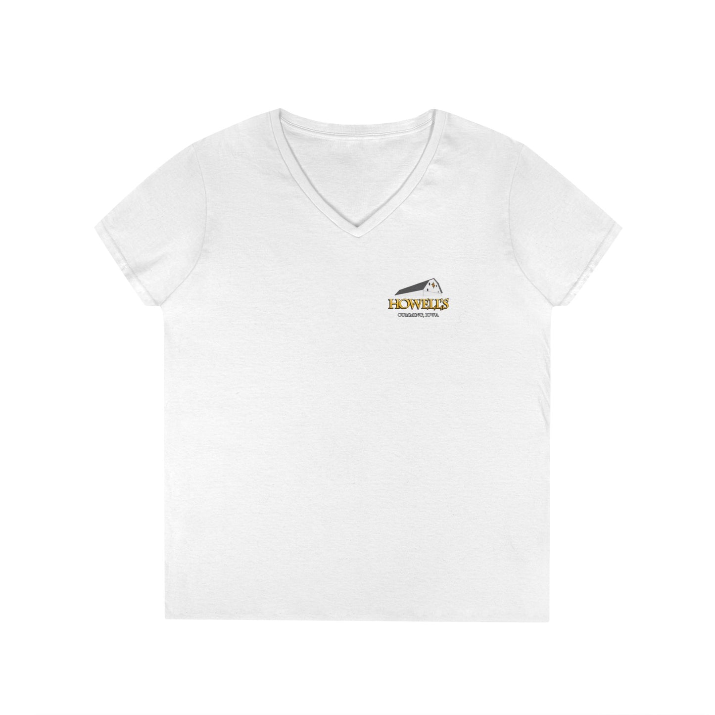 Howell's Ladies' V-Neck T-Shirt, Logo on the Front, Goats on the back