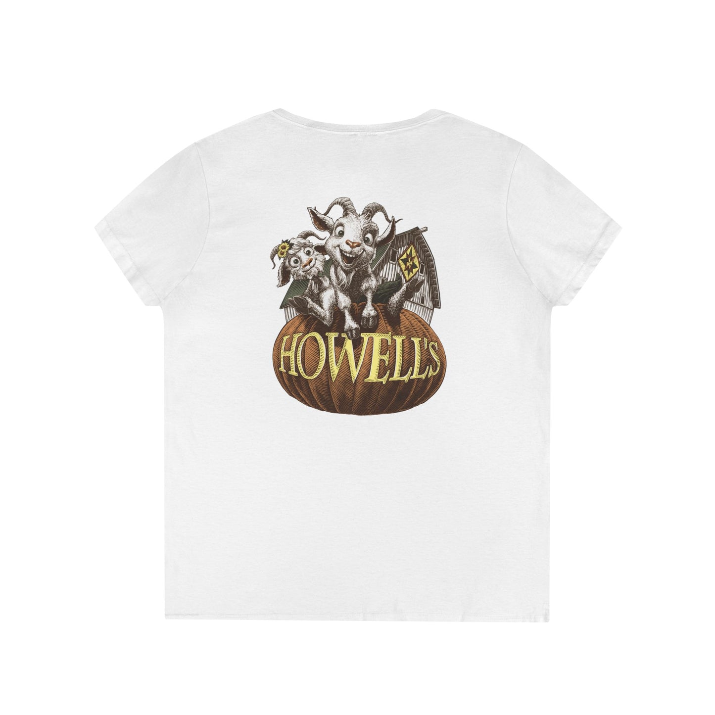 Howell's Ladies' V-Neck T-Shirt, Logo on the Front, Goats on the back