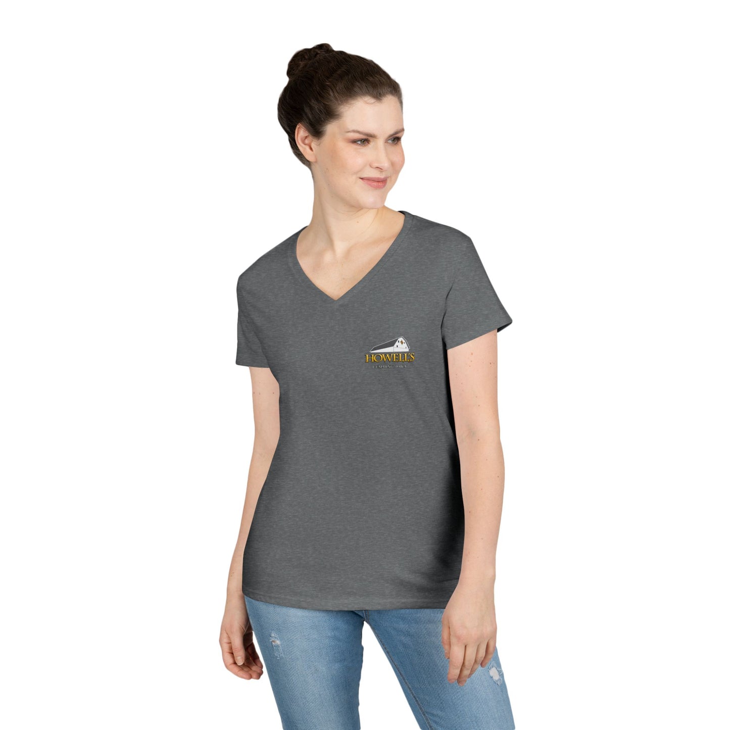 Howell's Ladies' V-Neck T-Shirt, Logo on the Front, Goats on the back