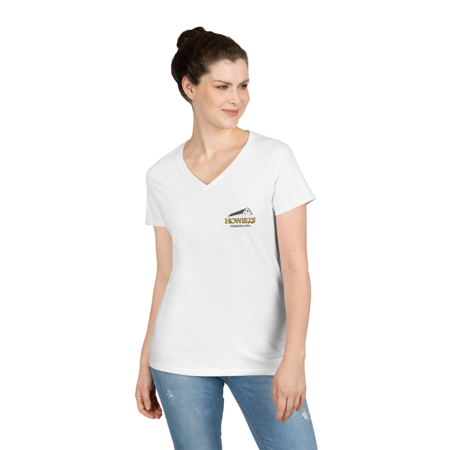 Howell's Ladies' V-Neck T-Shirt, Logo on the Front, Goats on the back
