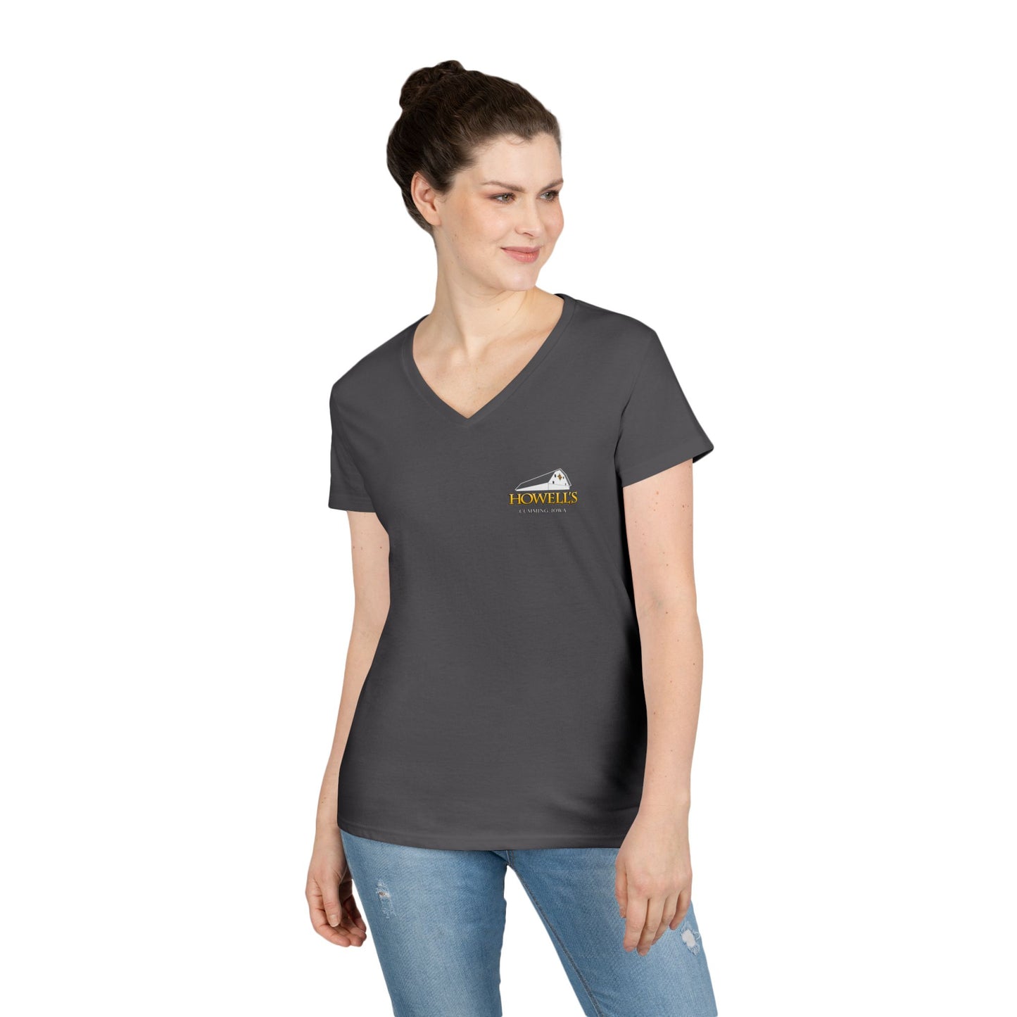 Howell's Ladies' V-Neck T-Shirt, Logo on the Front, Goats on the back