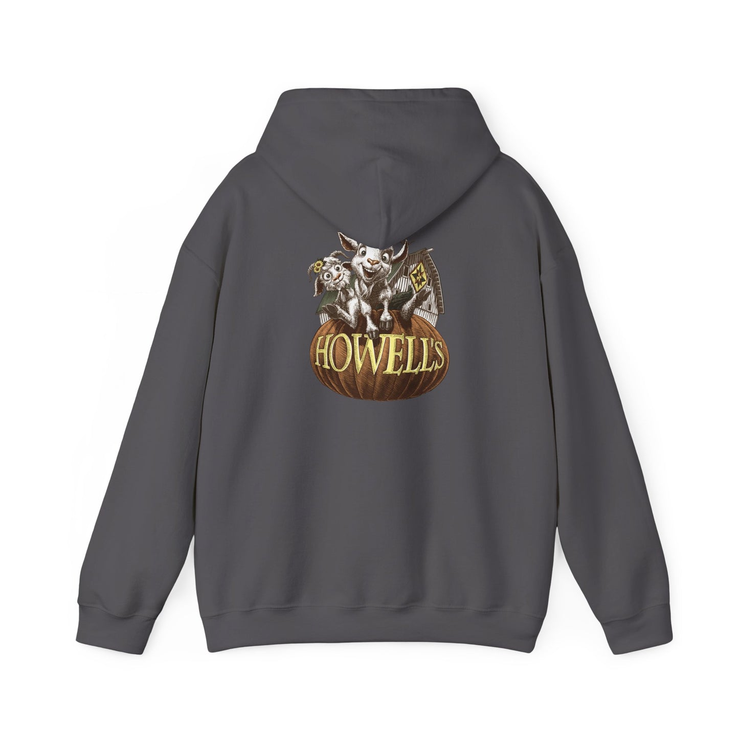 Adult Unisex Hoodie, Gildan Brand Howells Logo on front, Goats on Back