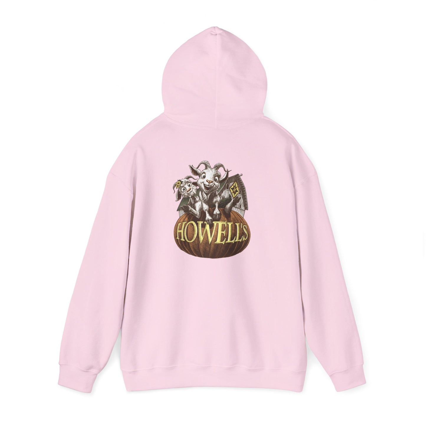 Adult Unisex Hoodie, Gildan Brand Howells Logo on front, Goats on Back