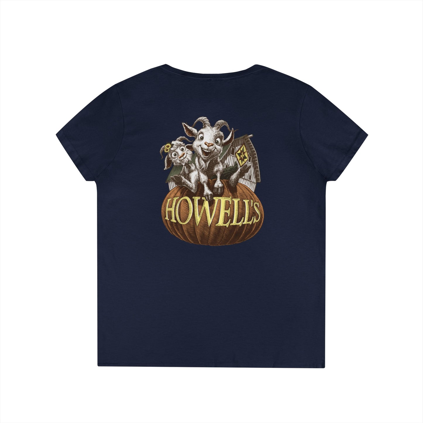 Howell's Ladies' V-Neck T-Shirt, Logo on the Front, Goats on the back