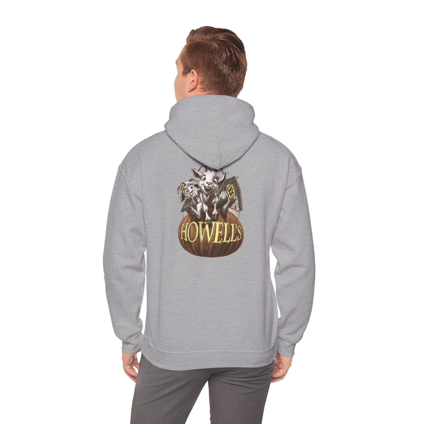 Adult Unisex Hoodie, Gildan Brand Howells Logo on front, Goats on Back