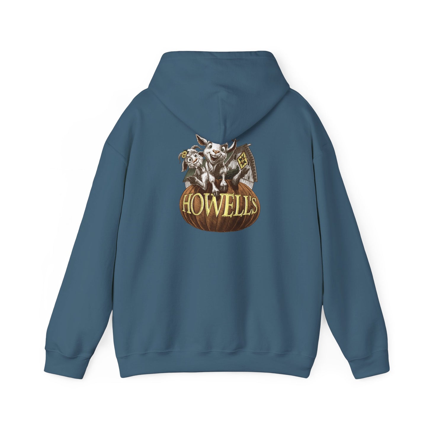 Adult Unisex Hoodie, Gildan Brand Howells Logo on front, Goats on Back
