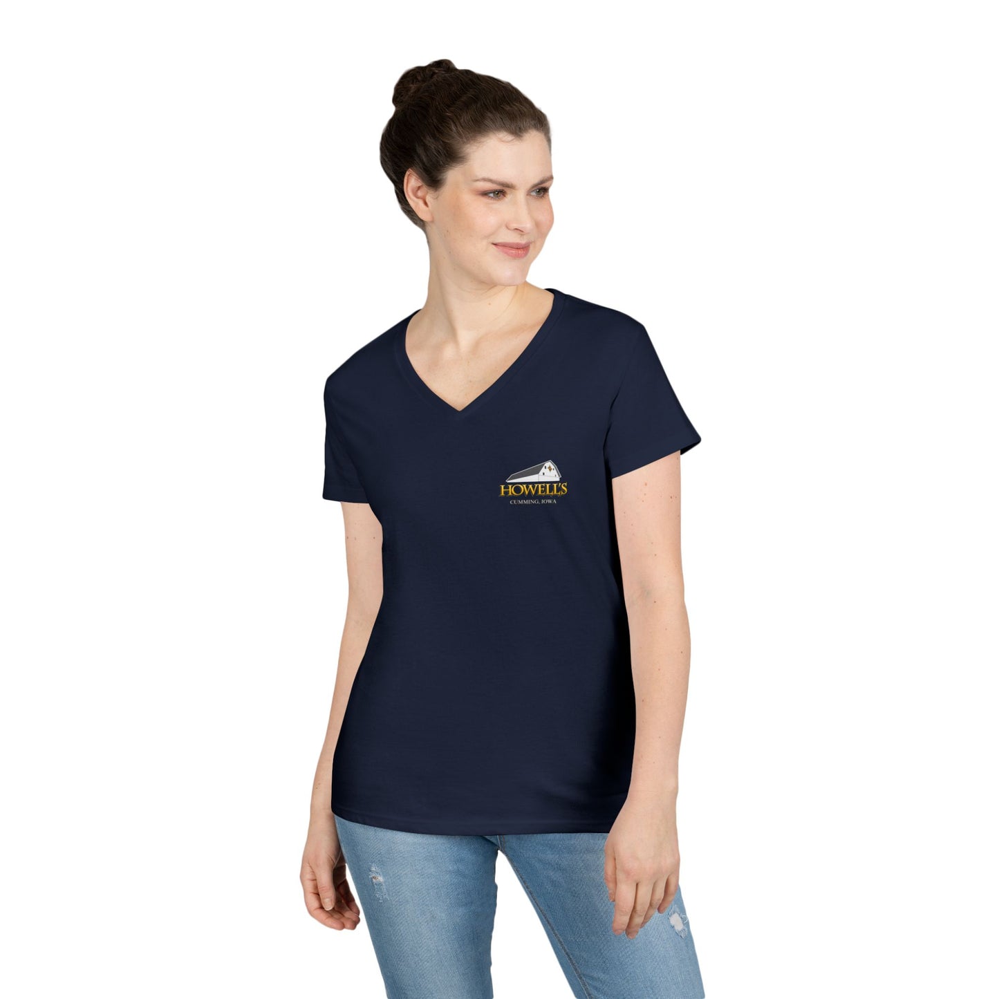 Howell's Ladies' V-Neck T-Shirt, Logo on the Front, Goats on the back