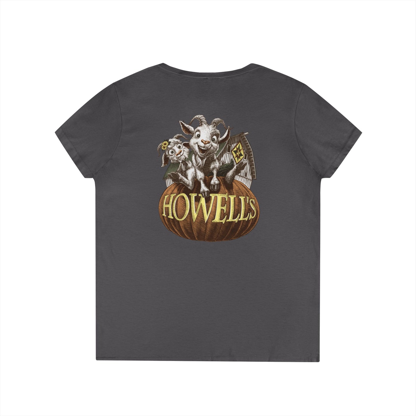 Howell's Ladies' V-Neck T-Shirt, Logo on the Front, Goats on the back