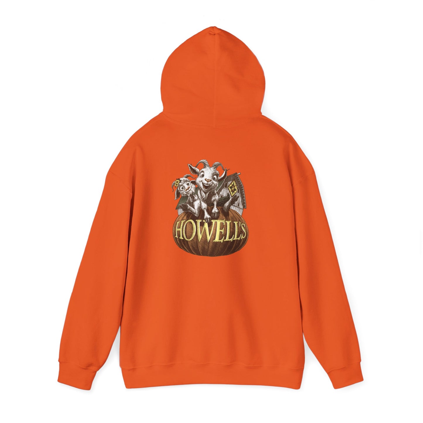 Adult Unisex Hoodie, Gildan Brand Howells Logo on front, Goats on Back