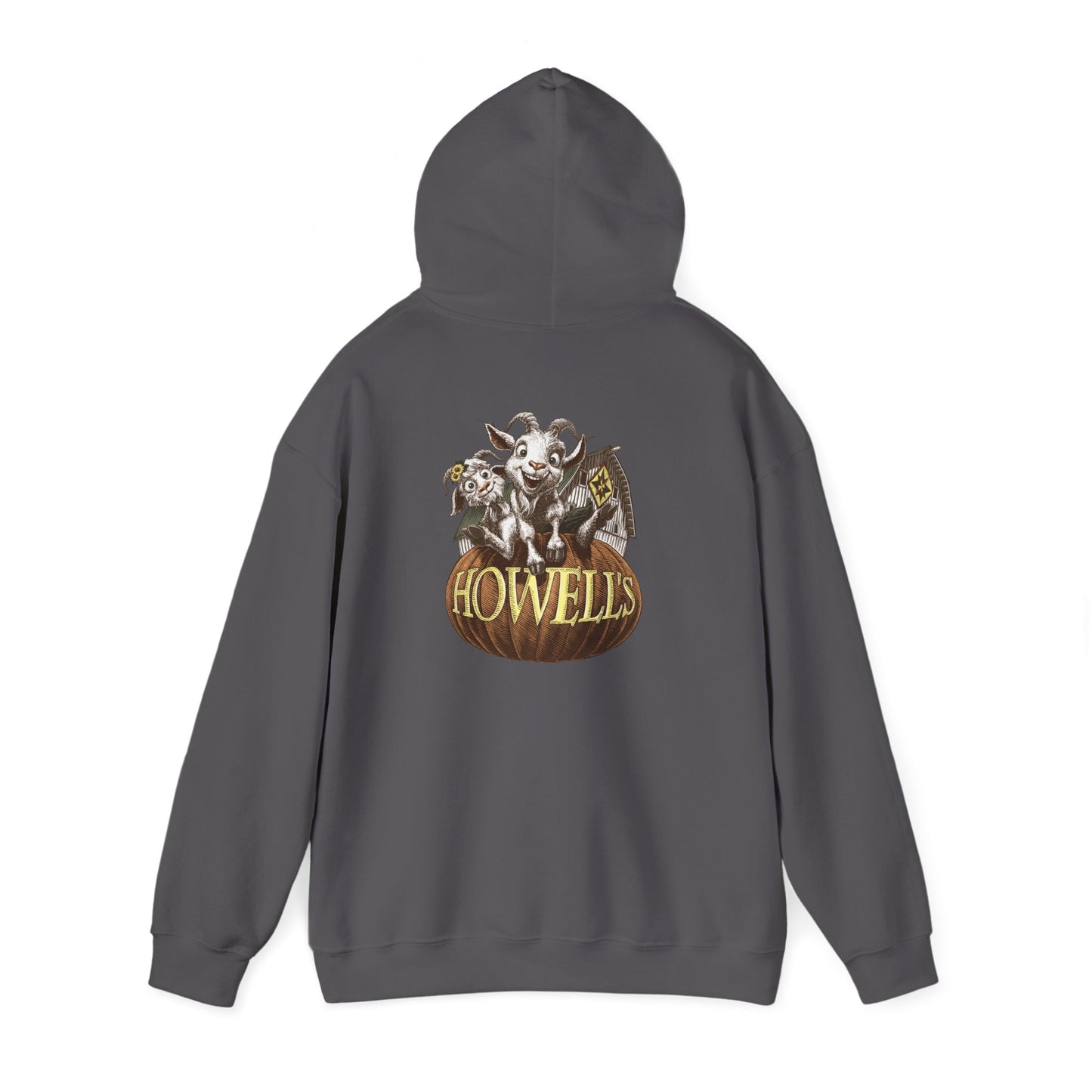 Adult Unisex Hoodie, Gildan Brand Howells Logo on front, Goats on Back