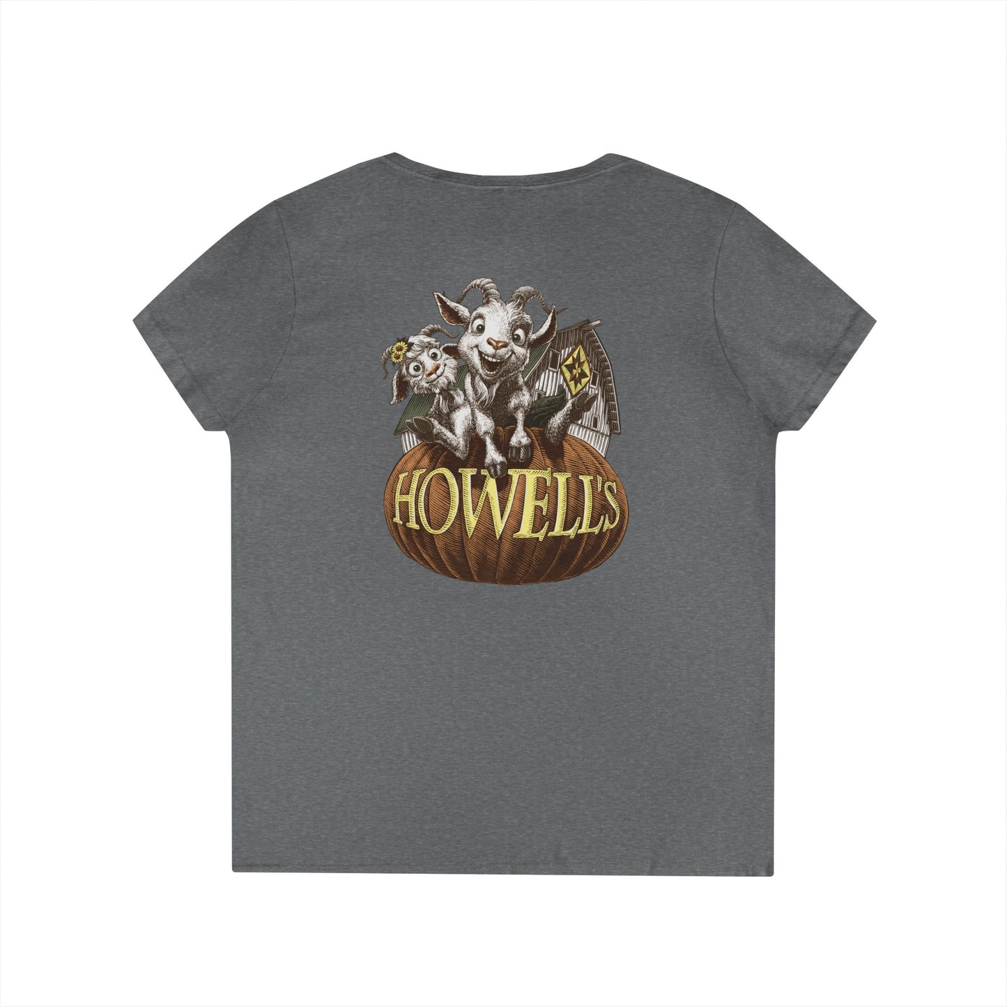 Howell's Ladies' V-Neck T-Shirt, Logo on the Front, Goats on the back