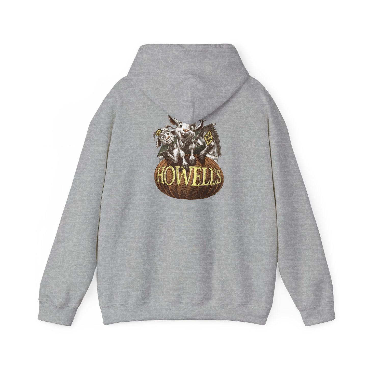 Adult Unisex Hoodie, Gildan Brand Howells Logo on front, Goats on Back