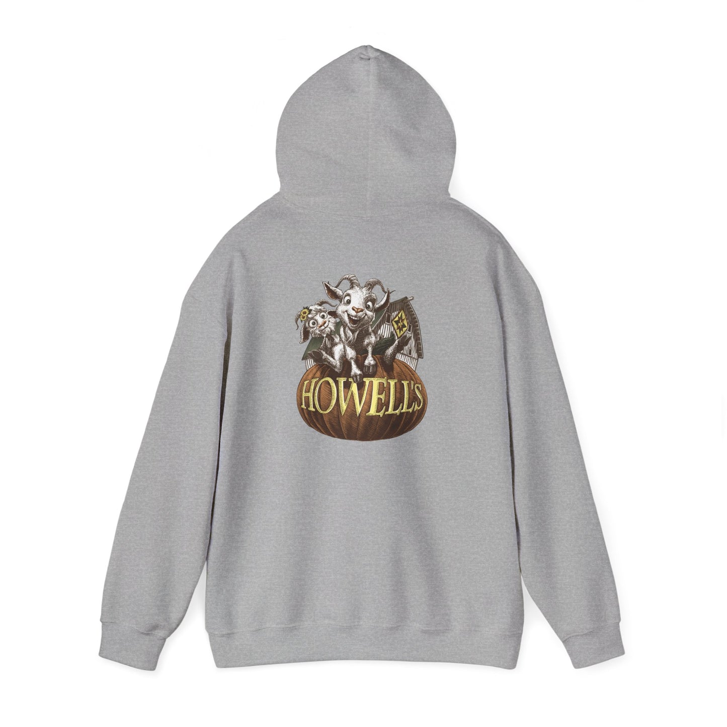 Adult Unisex Hoodie, Gildan Brand Howells Logo on front, Goats on Back